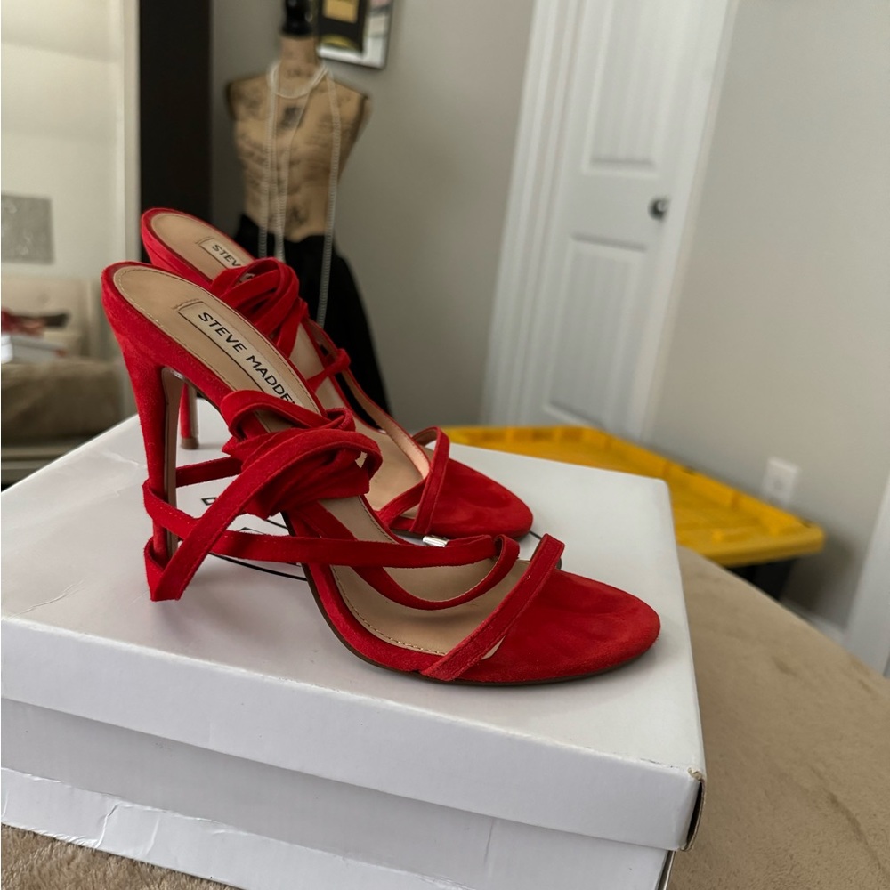 Steven Madden Red Suede Ankle Wrap Sandals